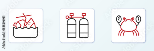 Set line Crab, Sinking cruise ship and Aqualung icon. Vector
