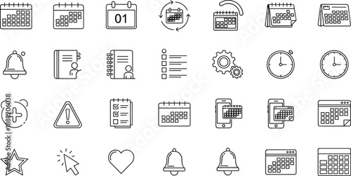Calendar icons, scheduling tools, productivity symbols, reminder graphics, time management visuals, planner elements, minimal line style, clock, gear, alert