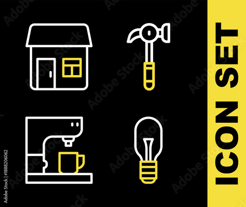 Set line Hammer, Light bulb, Coffee machine and House icon. Vector