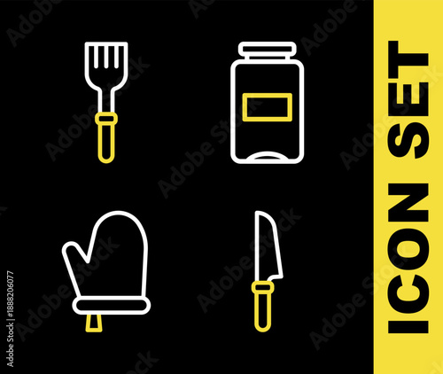 Set line Jam jar, Knife, Oven glove and Fork icon. Vector