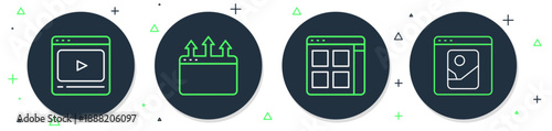 Set line Browser window, files, Online play video and Photo retouching icon. Vector