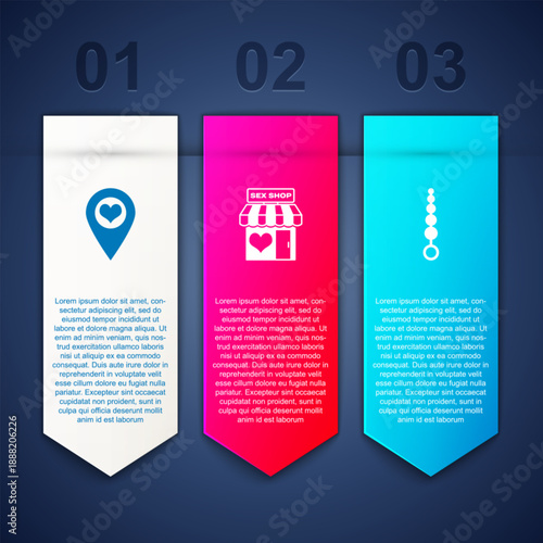 Set Location with heart, Sex shop building and Anal beads. Business infographic template. Vector