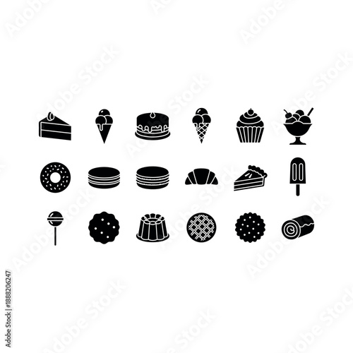 Collection of dessert icons, including cakes and ice cream, on a white background, presented in a grid layout.