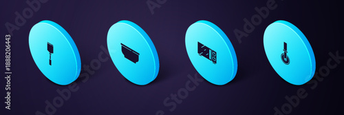 Set Isometric Pizza knife, Microwave oven, Bowl and Spatula icon. Vector