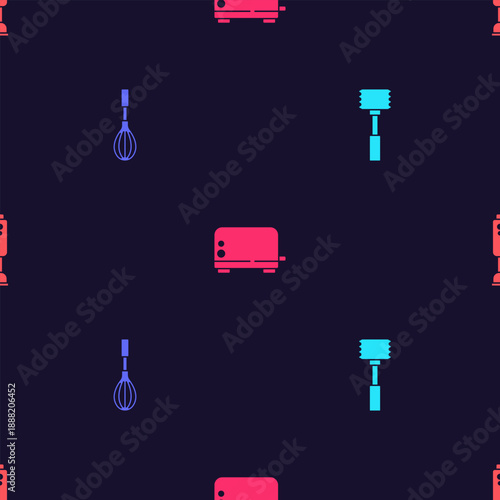 Set Kitchen hammer, whisk, Toaster and Blender on seamless pattern. Vector