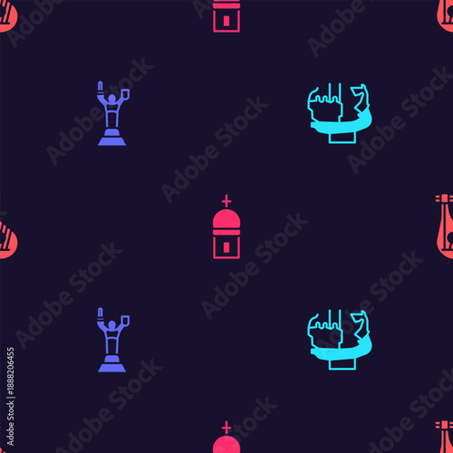 Set Monument to founders of Kiev, Mother Motherland monument, Church tower and Bandura on seamless pattern. Vector