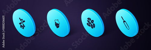 Set Isometric Scoop flour, Seed, Acorn, oak nut, seed and Windmill icon. Vector