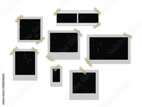 Vintage film strip and instant photo frame mockup with grunge texture, Retro photography collage elements with empty photo placeholders and duct tape, Nostalgic 90s aesthetic photo frames