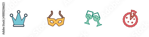 Set Crown, Festive mask, Glass of champagne and Homemade pie icon. Vector