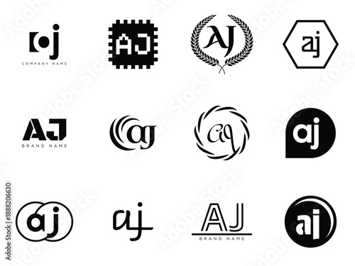 AJ logo company template. Letter a and j logotype. Set different classic serif lettering and modern bold text with design elements. Initial font typography.