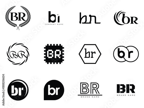 BR logo company template. Letter b and r logotype. Set different classic serif lettering and modern bold text with design elements. Initial font typography.