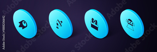 Set Isometric UFO flying spaceship, Astronomical observatory, Satellite dish and Comet falling down fast icon. Vector