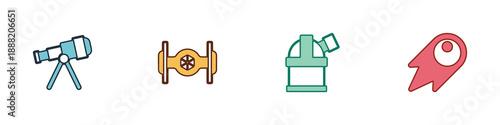 Set Telescope, Cosmic ship, Astronomical observatory and Comet falling down fast icon. Vector