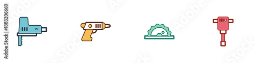 Set Electric jigsaw, cordless screwdriver, circular and Construction jackhammer icon. Vector