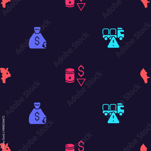 Set Stop delivery cargo truck, Money bag, Drop in crude oil price and Broken piggy bank on seamless pattern. Vector