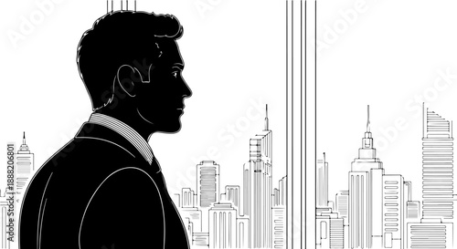 businessman looking city view from modern office window contemplating future strategies for corporate success and urban development
