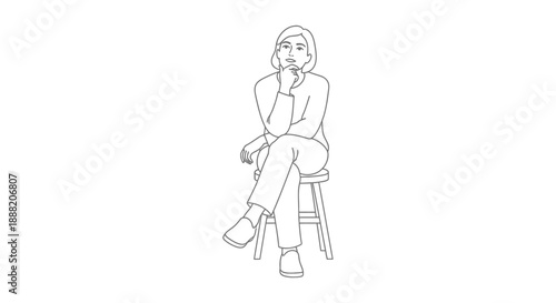 thoughtful woman sitting on stool contemplating and planning her next business move in a minimalistic studio setting for various marketing campaigns
