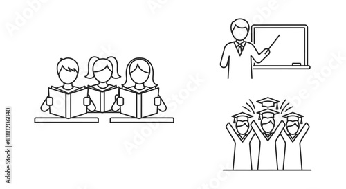 educational process showing students learning teachers instructing in a classroom and graduates celebrating success for academic development concepts.