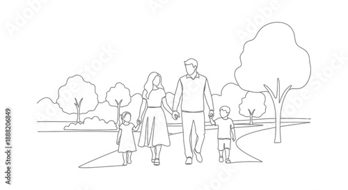 family walking in park holding hands with two children depicting togetherness parental love and outdoor lifestyle activities