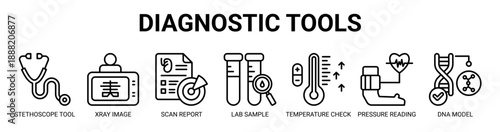 Diagnostic Tools web banner icon vector illustration concept with icon of stethoscope tool, xray image, scan report, lab sample, temperature check, pressure reading, and dna model.