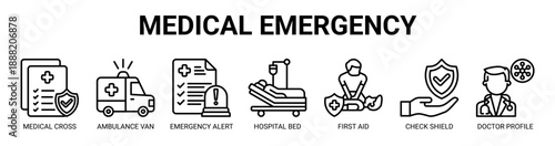 Medical Emergency web banner icon vector illustration concept with icon of medical cross, ambulance van, emergency alert, hospital bed, first aid, check shield, and doctor profile.