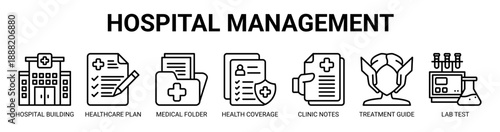 Hospital Management web banner icon vector illustration concept with icon of hospital building, healthcare plan, medical folder, health coverage, clinic notes, treatment guide, and lab test.