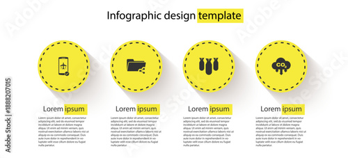 Set Flight mode in the mobile, Share folder, Aviation bombs and CO2 emissions cloud. Business infographic template. Vector