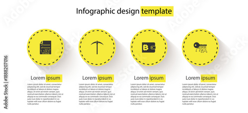 Set Smart contract, Pickaxe, Cryptocurrency wallet and key. Business infographic template. Vector