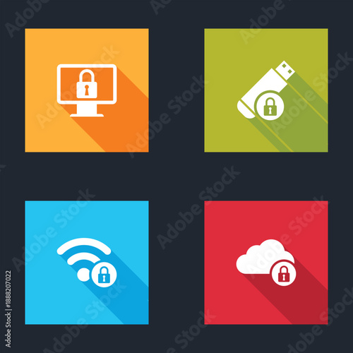 Set Lock on monitor, USB flash drive with lock, Wifi locked and Cloud computing icon. Vector