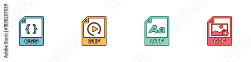 Set CSS file document, GIF, OTF and icon. Vector