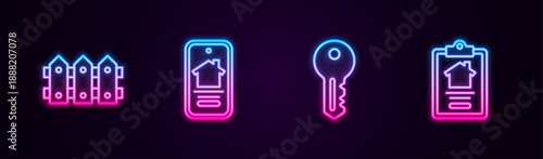 Set line Garden fence wooden, Online real estate house, House key and contract. Glowing neon icon. Vector