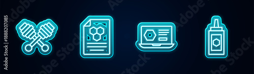 Set line Honey dipper stick, Honeycomb, online service and Jar of honey. Glowing neon icon. Vector