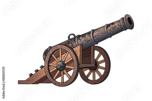 Vintage cannon on wooden wheels with intricate metal design