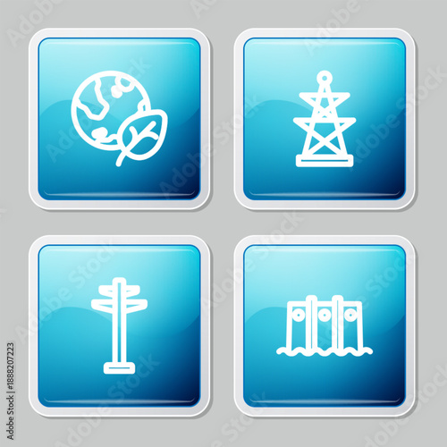 Set line Earth globe and leaf, Electric tower, and Hydroelectric dam icon. Vector