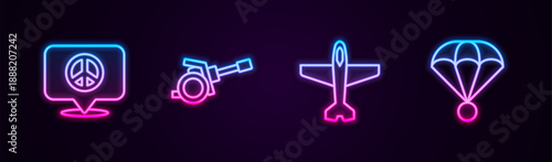 Set line Location peace, Howitzer, Plane and Parachute. Glowing neon icon. Vector
