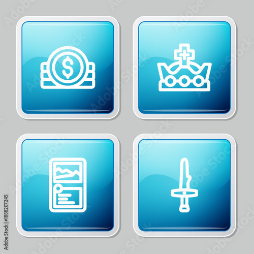 Set line Ancient coin, King crown, Card game collection and Dagger icon. Vector