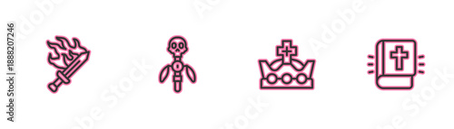 Set line Sword for game, King crown, Magic staff and Holy bible book icon. Vector
