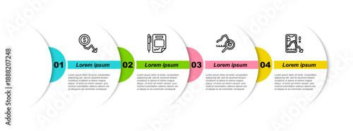Set line Dollar rate decrease, Contract money and pen, Global economic crisis and Mobile stock trading. Business infographic template. Vector