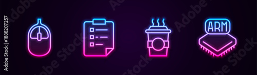 Set line Computer mouse, Clipboard with checklist, Coffee cup to go and Processor. Glowing neon icon. Vector
