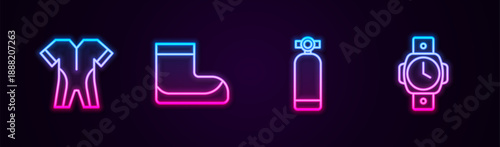 Set line Wetsuit for scuba diving, Boots, Aqualung and Diving watch. Glowing neon icon. Vector