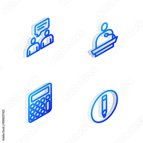 Set Isometric line Gives lecture, Two sitting men talking, Calculator and Pencil icon. Vector