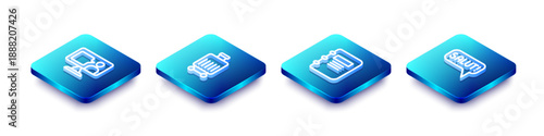 Set Isometric line Foreign language online study, Suitcase, Notebook and Salut different languages icon. Vector