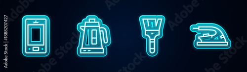 Set line Mobile phone, Electric kettle, Paint brush and iron. Glowing neon icon. Vector