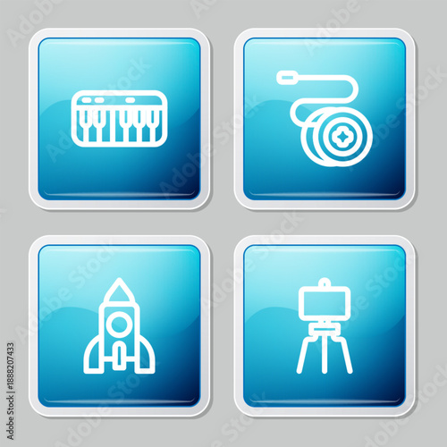 Set line Music synthesizer, Yoyo toy, Rocket ship and Wood easel icon. Vector