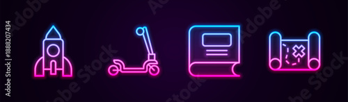 Set line Rocket ship toy, Roller scooter, Book and Pirate treasure map. Glowing neon icon. Vector