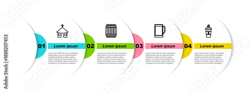 Set line Church building, Wooden barrel, Glass of beer and Coffee cup. Business infographic template. Vector
