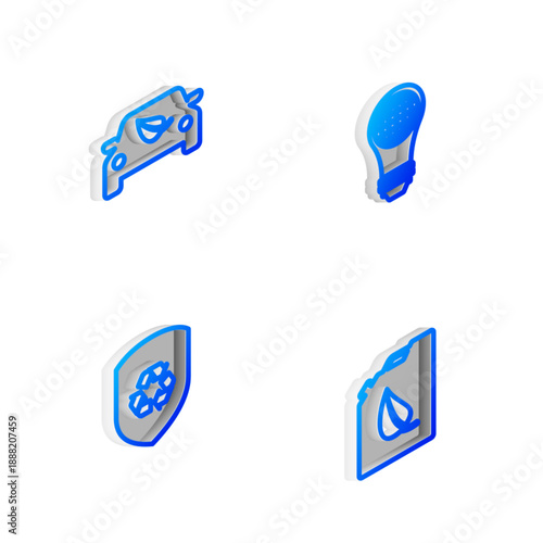 Set Isometric line Light bulb with world globe, Eco car drive leaf, Recycle inside shield and Bio fuel canister icon. Vector