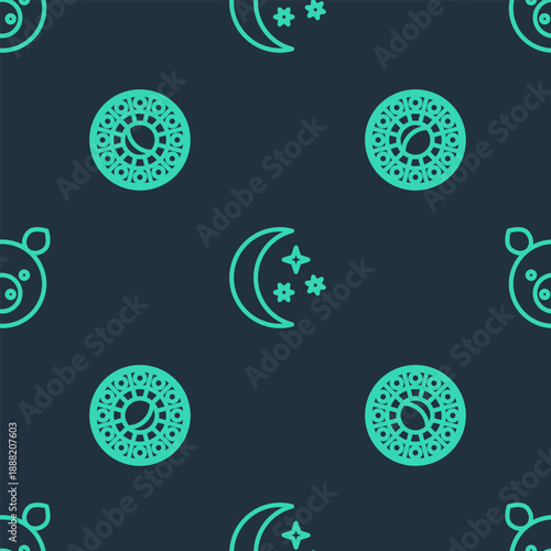 Set line Moon and stars, Astrology horoscope circle and Pig zodiac on seamless pattern. Vector