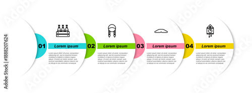 Set line Pack of beer bottles, Braid, Homemade pie and Retro wall watch. Business infographic template. Vector