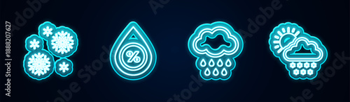 Set line Snow, Water drop percentage, Cloud with rain and snow and sun. Glowing neon icon. Vector
